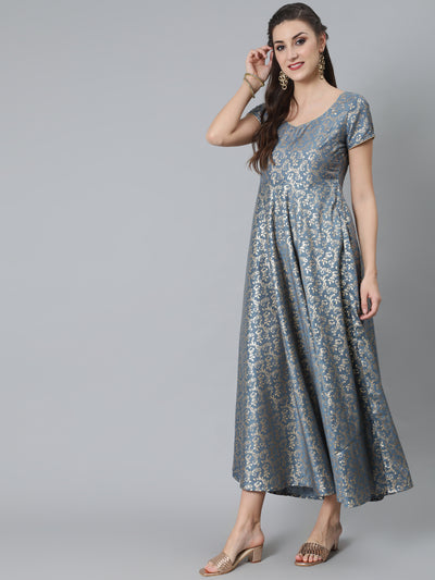 Grey Foil Print Flared Dress
