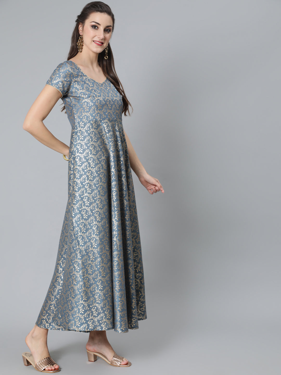 Grey Foil Print Flared Dress
