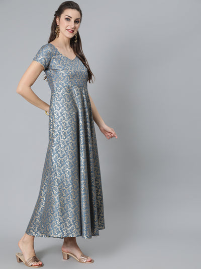 Grey Foil Print Flared Dress