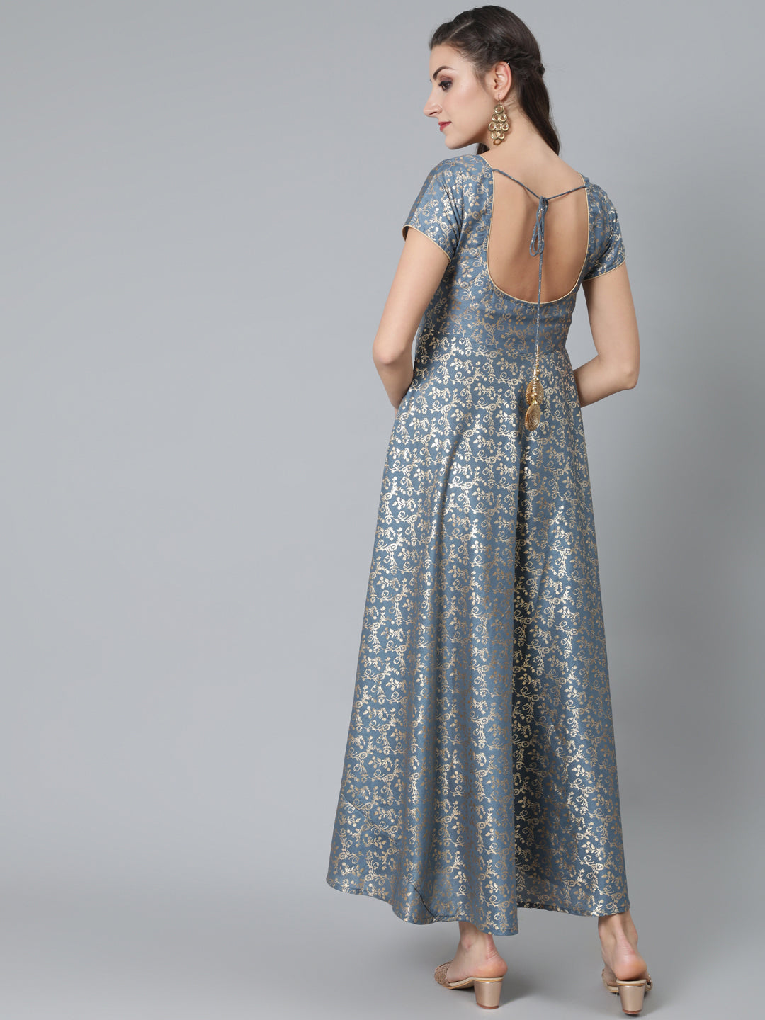 Grey Foil Print Flared Dress