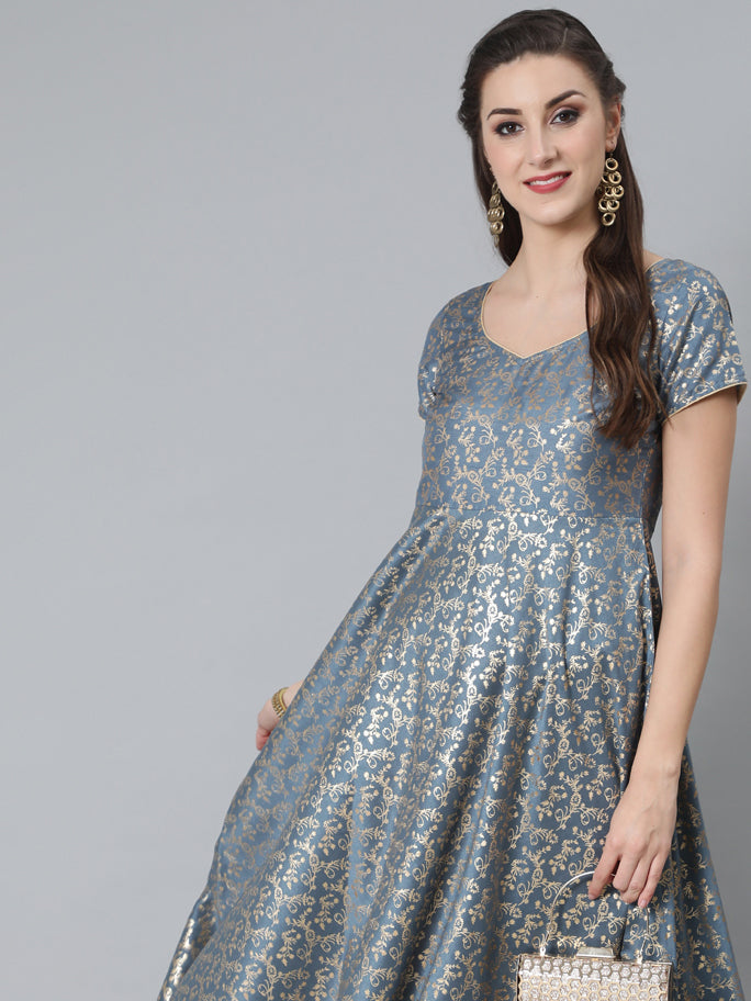Grey Foil Print Flared Dress
