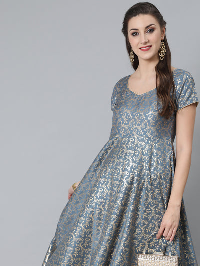 Grey Foil Print Flared Dress