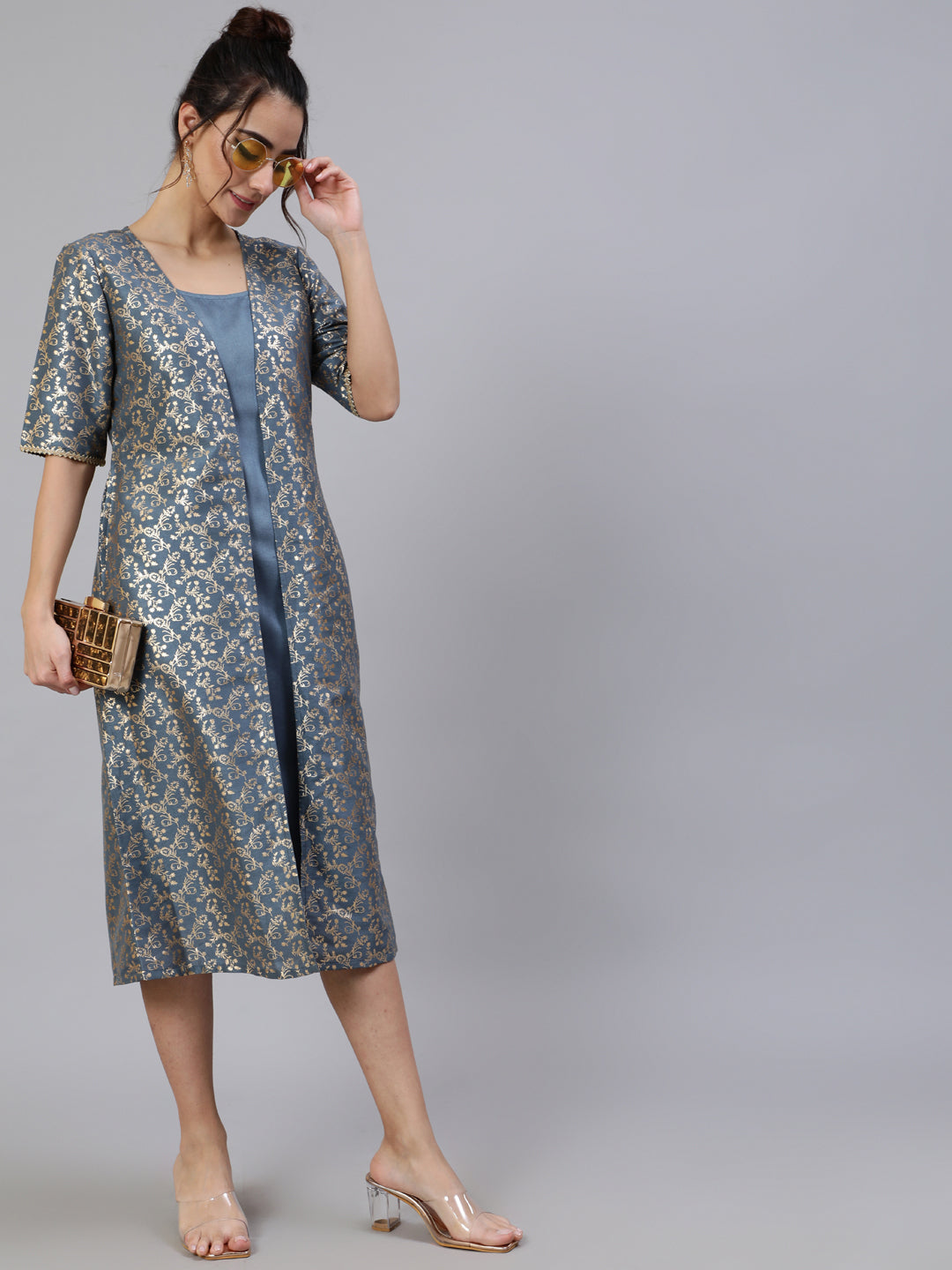 Grey Foil Printed A-Line Dress With Jacket