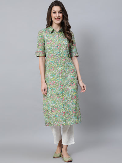 Green Floral Print Button Down Kurta