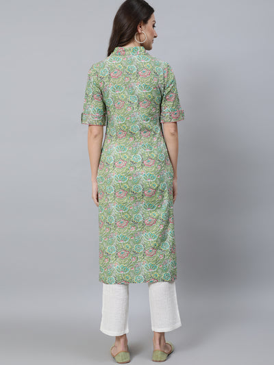 Green Floral Print Button Down Kurta