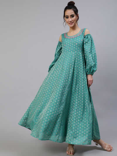 Green Embroidered Flared Maxi Dress