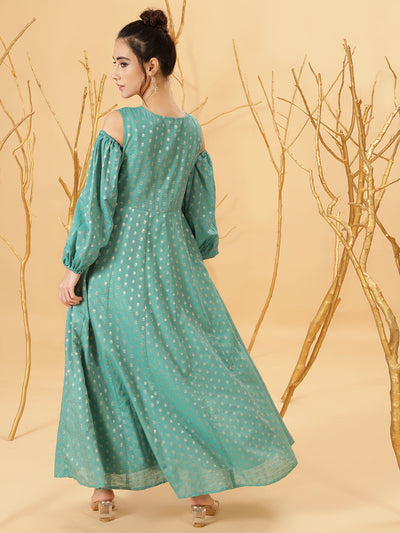 Green Embroidered Flared Maxi Dress
