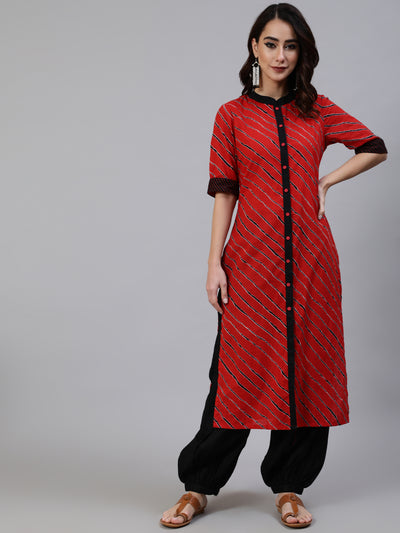 Red Leheriya Print Button Down Kurta