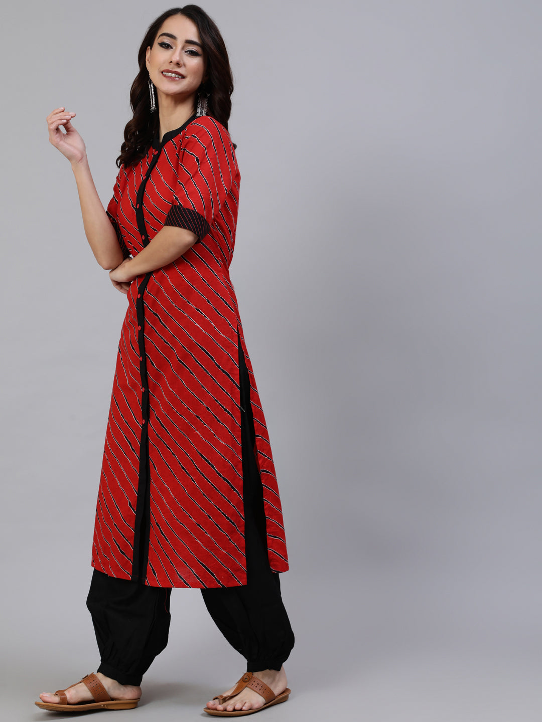 Red Leheriya Print Button Down Kurta