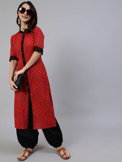 Red Leheriya Print Button Down Kurta