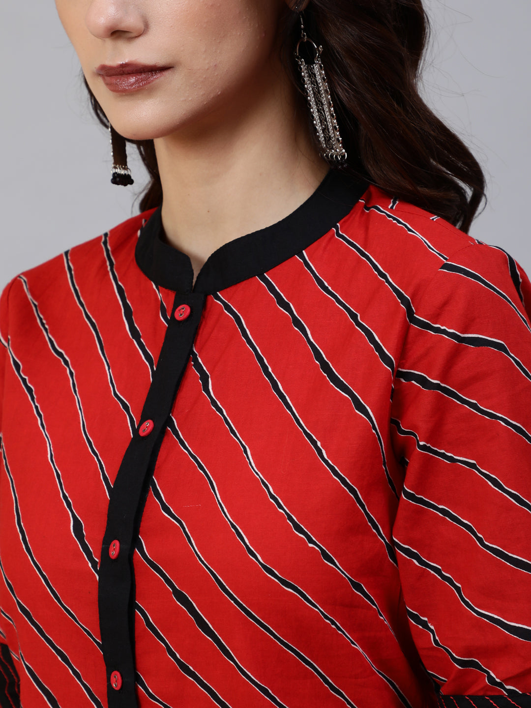 Red Leheriya Print Button Down Kurta