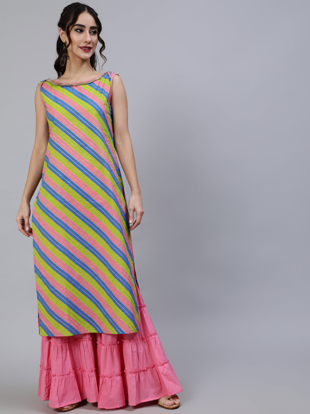 Pink & Green Leheriya Print Kurta