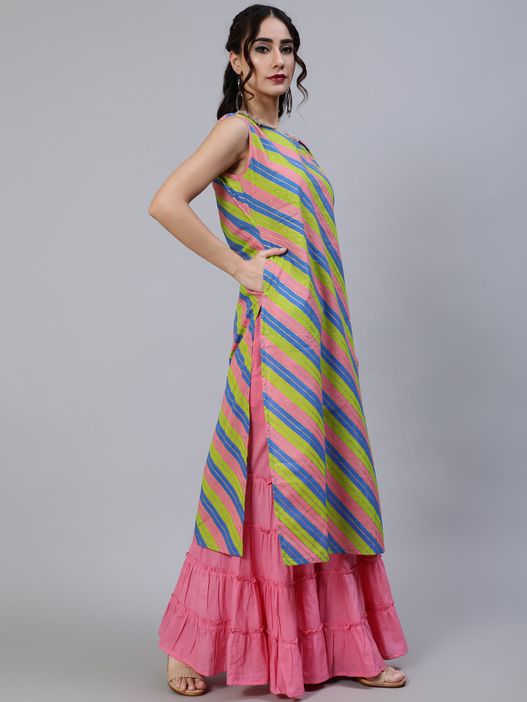 Pink & Green Leheriya Print Kurta