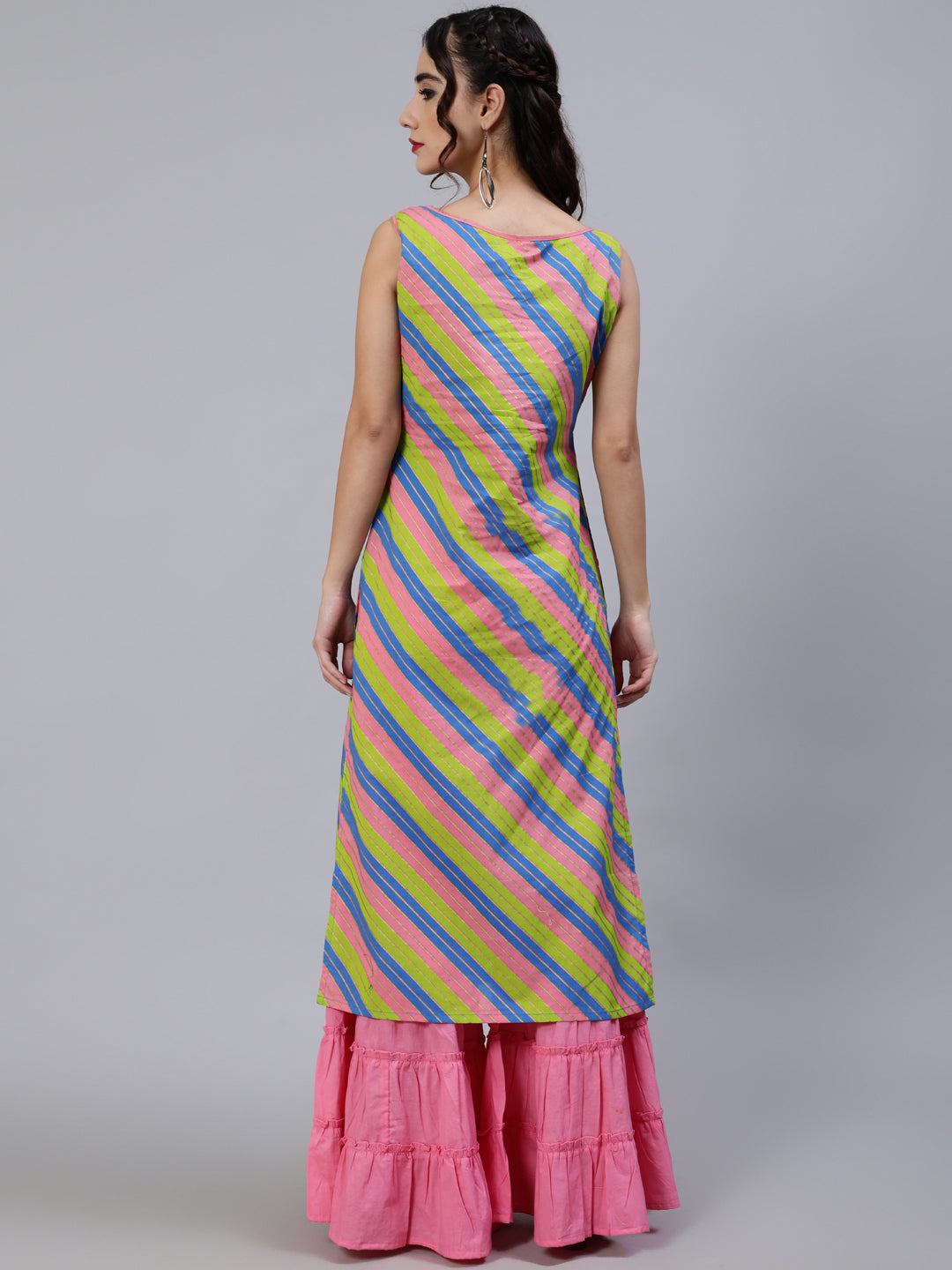 Pink & Green Leheriya Print Kurta