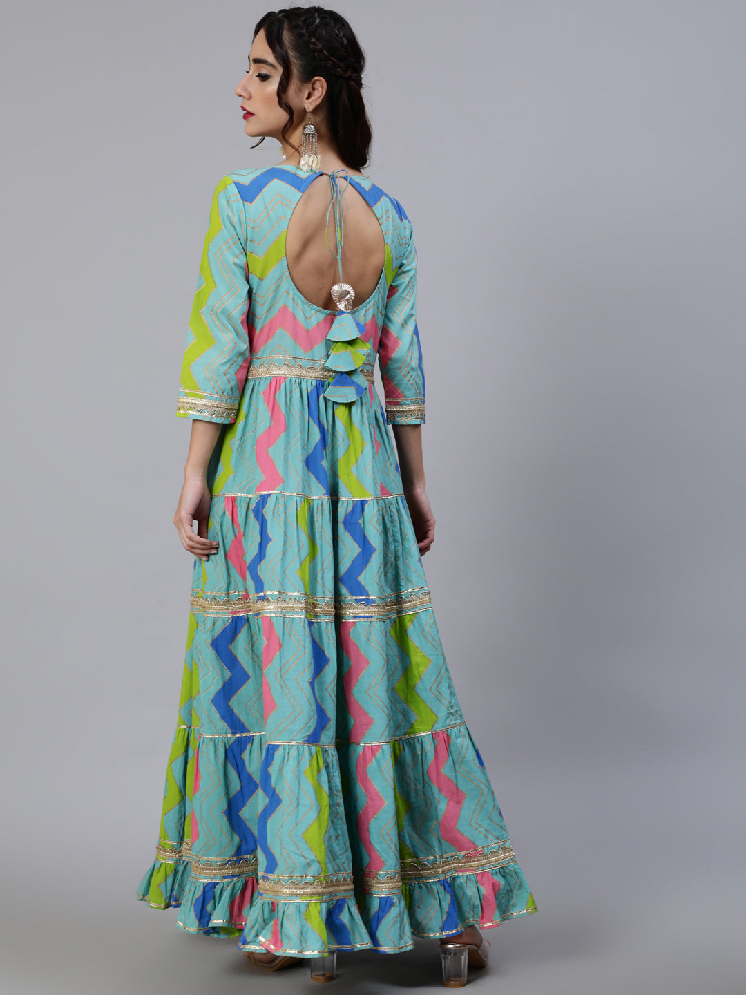 Blue Leheriya Print Lace Work Tiered Maxi Dress