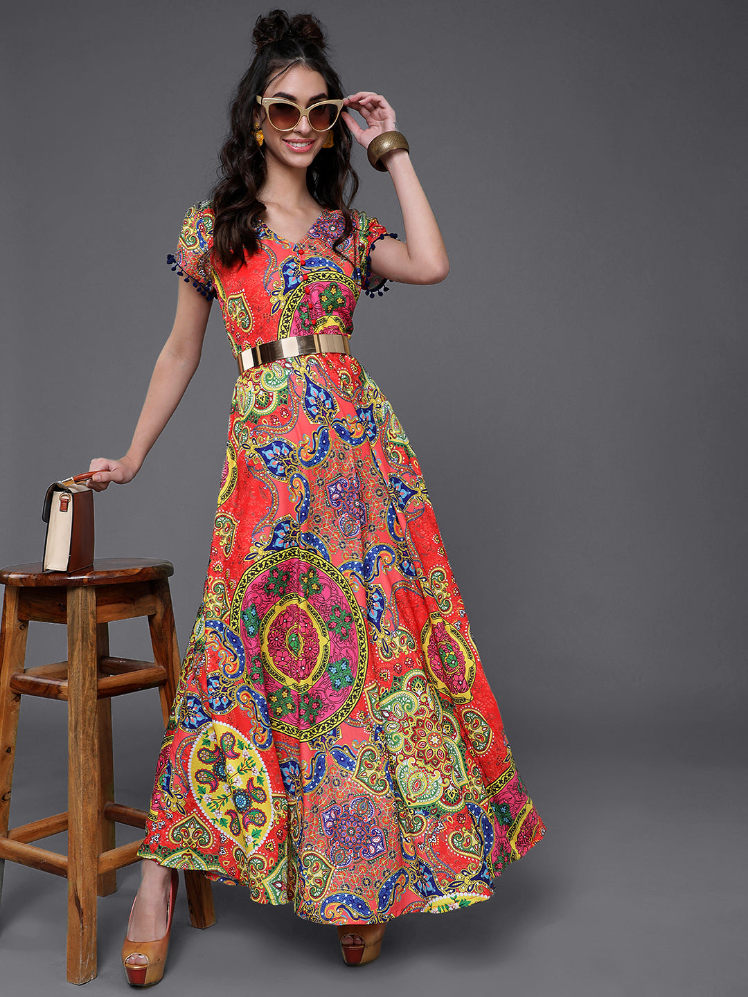 Red & Blue Printed Flared Maxi Dress