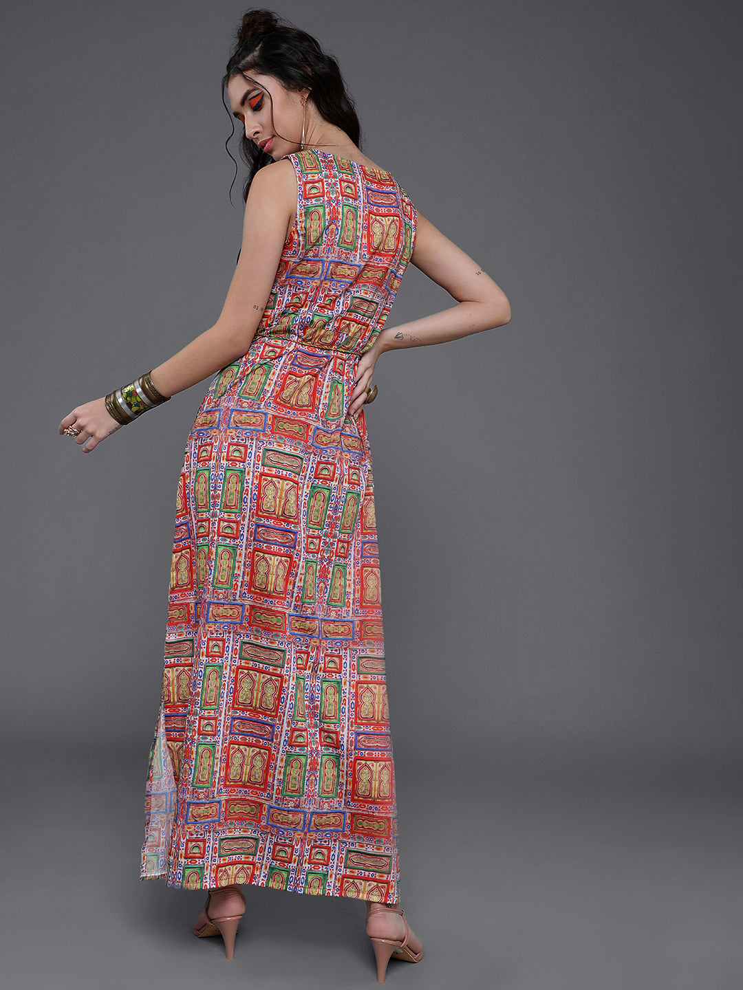 Multicolor Printed Slit Maxi Dress