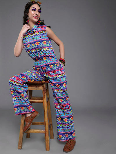 Blue & Pink Floral Print Jumpsuit