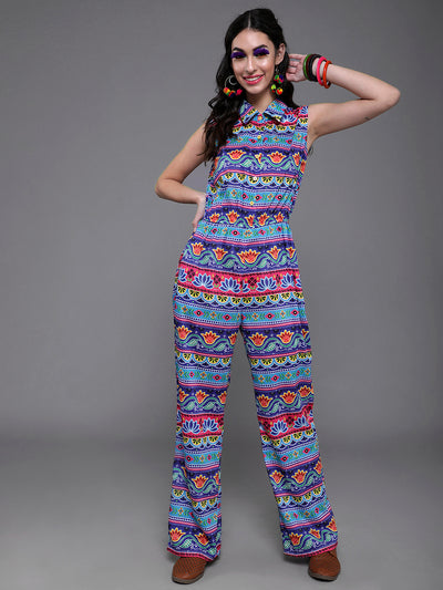 Blue & Pink Floral Print Jumpsuit