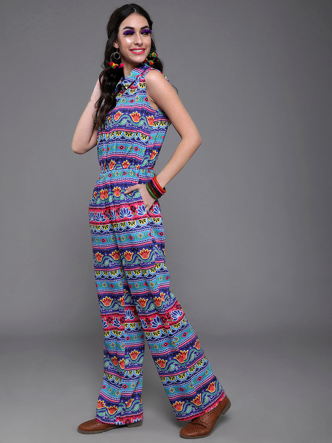 Blue & Pink Floral Print Jumpsuit