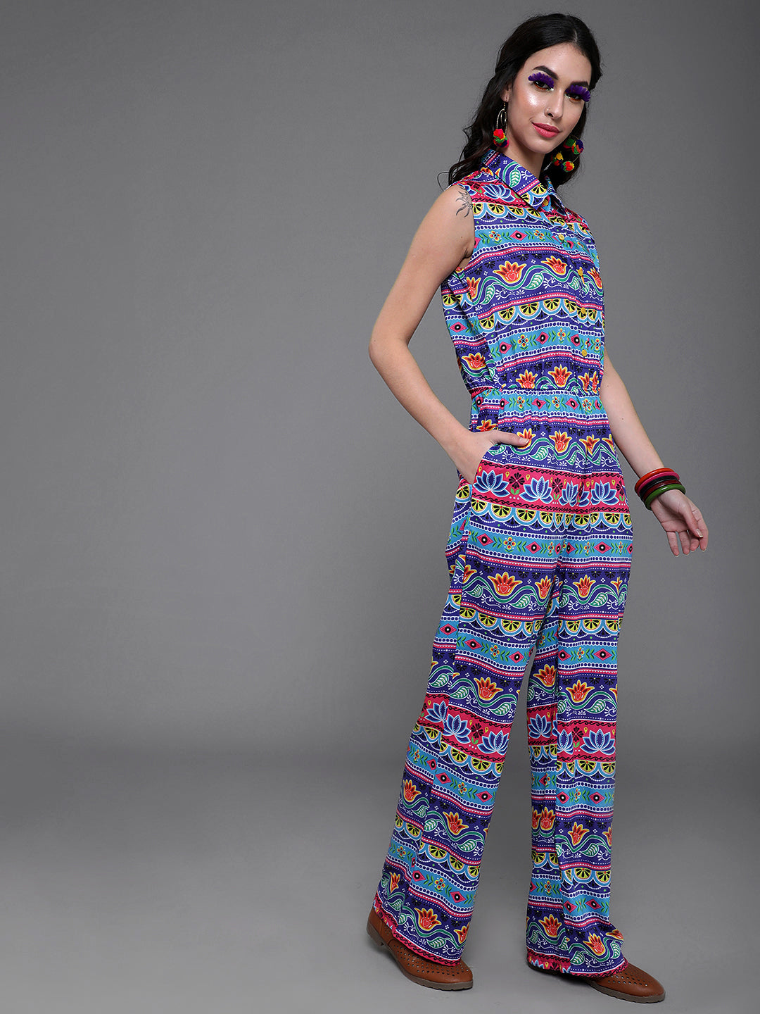 Blue & Pink Floral Print Jumpsuit