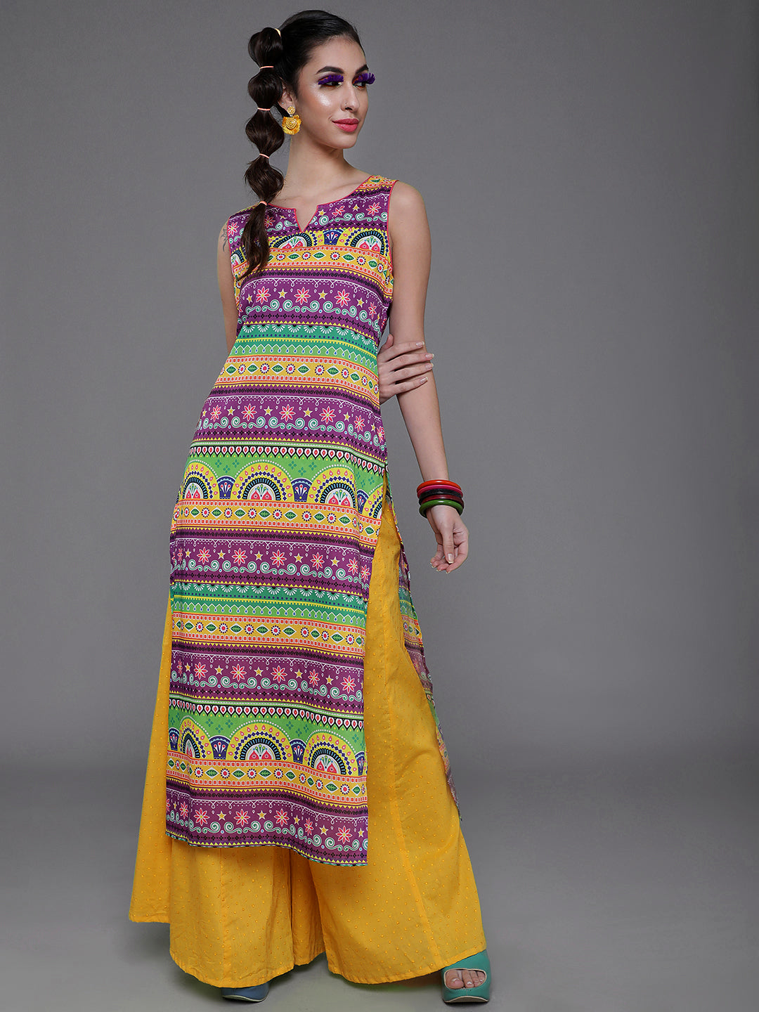 Purple & Yellow Printed Kurta