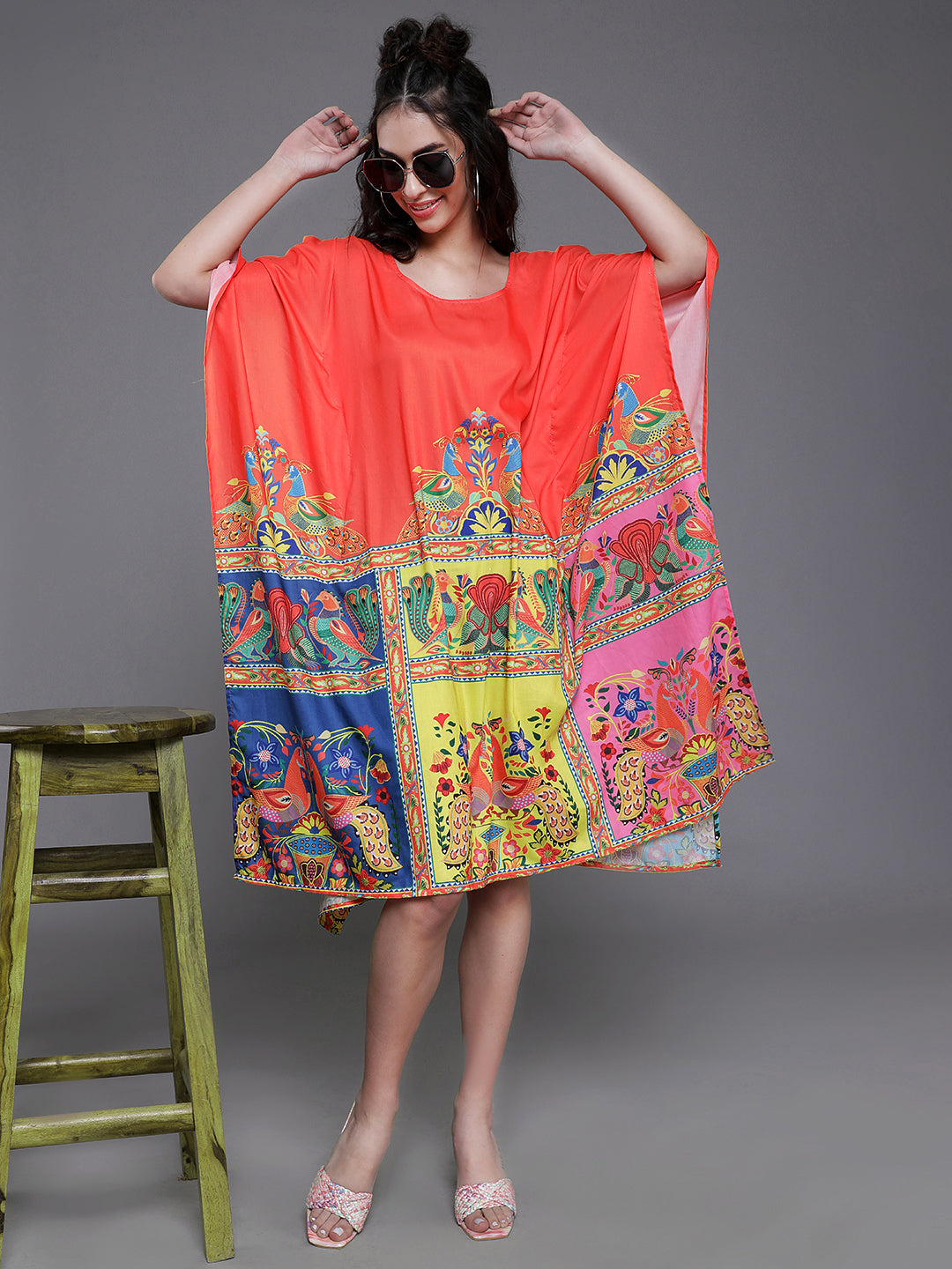 Orange & Yellow Abstract Print Kaftan Dress