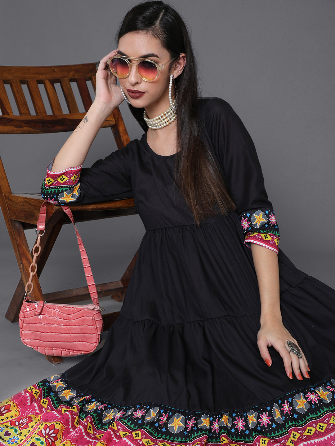 Black Truck Art Muslin Tiered Anarkali