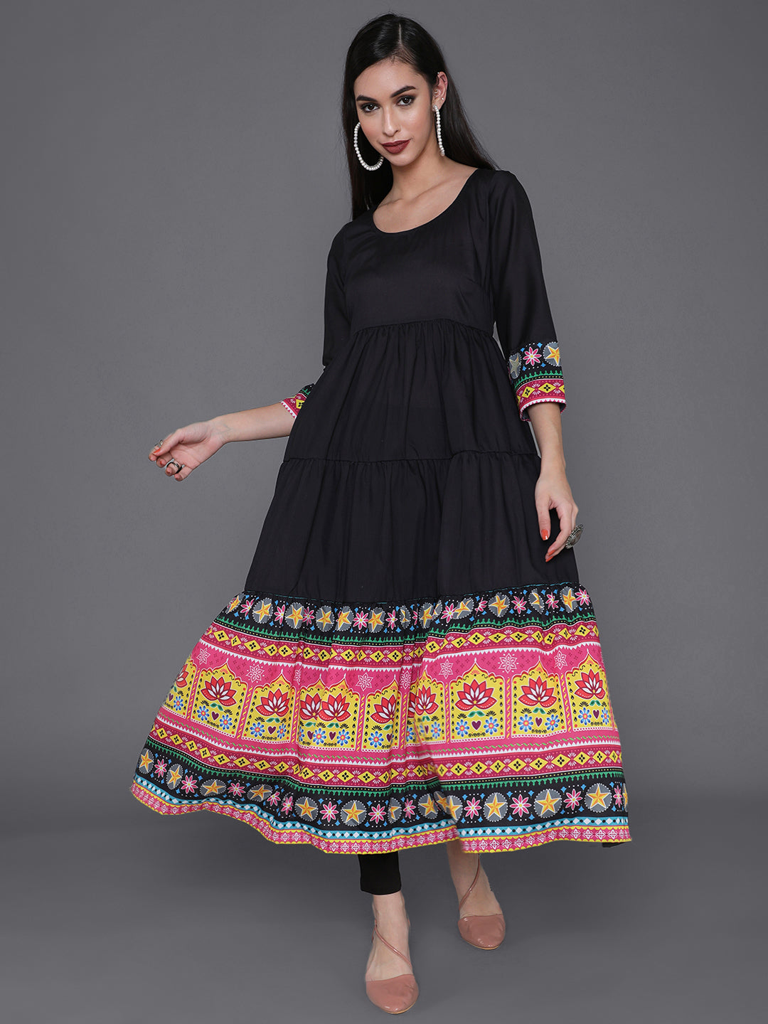 Black Truck Art Muslin Tiered Anarkali