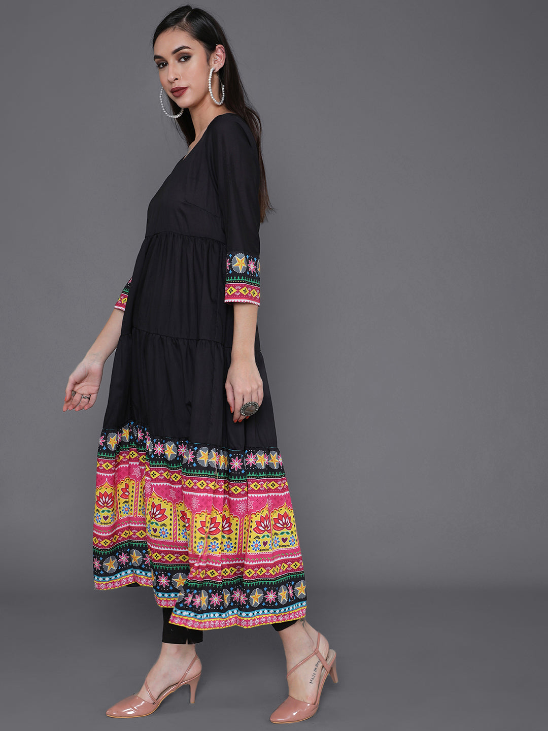 Black Truck Art Muslin Tiered Anarkali