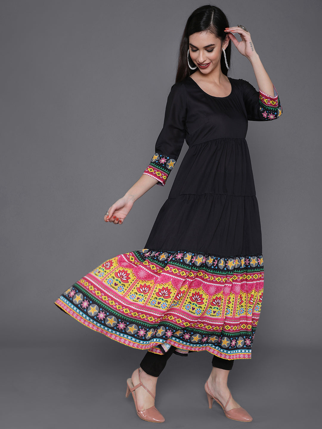 Black Truck Art Muslin Tiered Anarkali