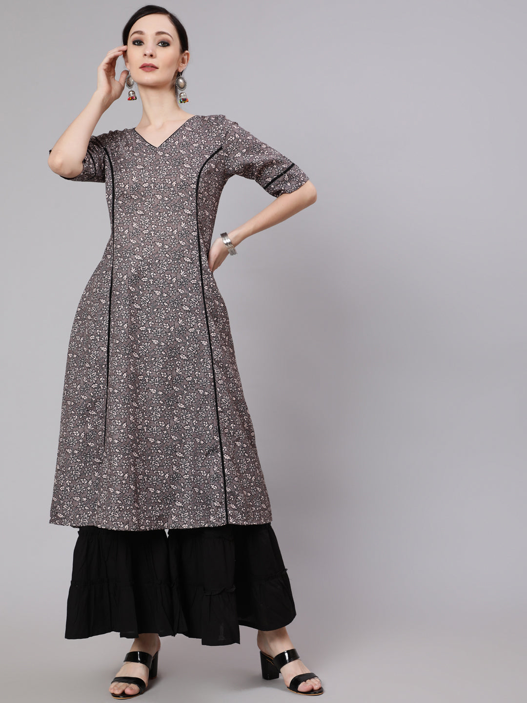 Grey Floral Print A-Line Kurta