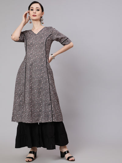 Grey Floral Print A-Line Kurta