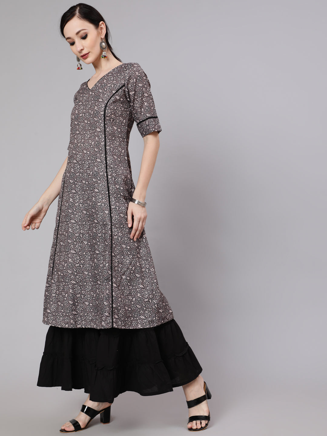 Grey Floral Print A-Line Kurta