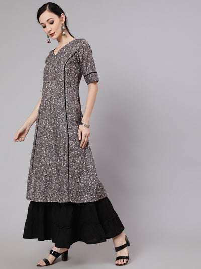 Grey Floral Print A-Line Kurta