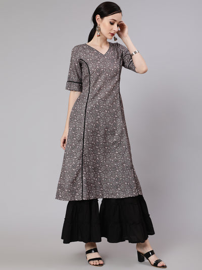 Grey Floral Print A-Line Kurta