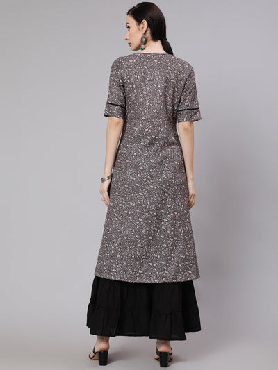Grey Floral Print A-Line Kurta