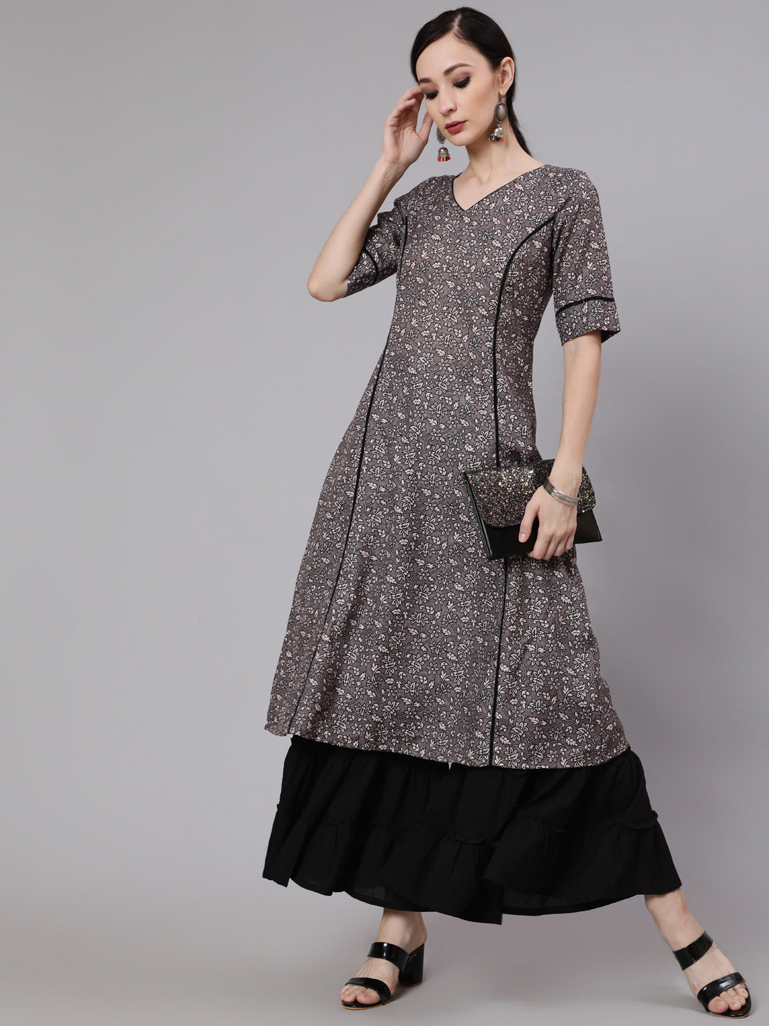 Grey Floral Print A-Line Kurta