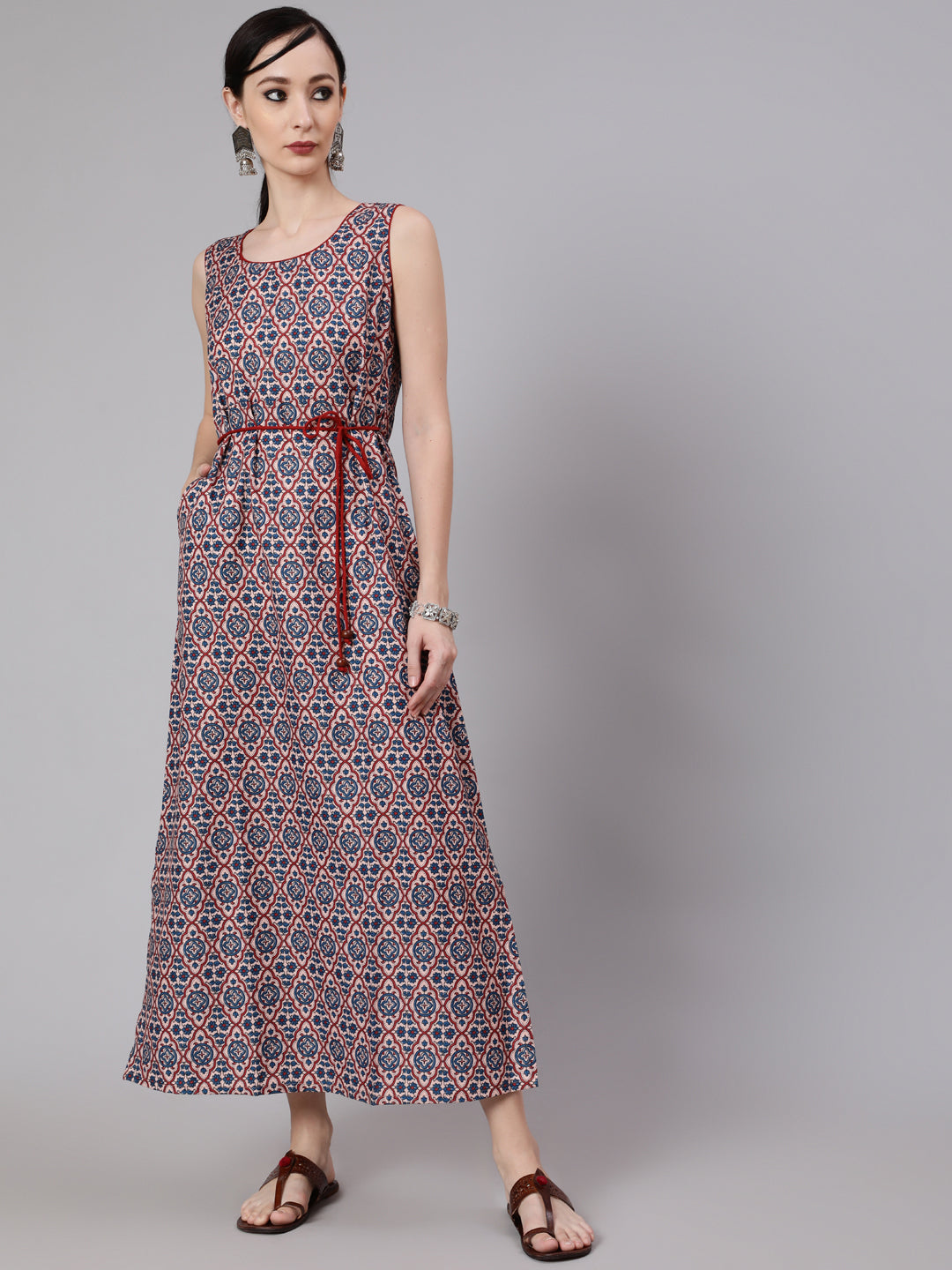 Blue Printed Side Slit Maxi Dress