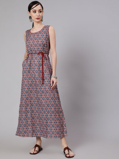 Blue Printed Side Slit Maxi Dress