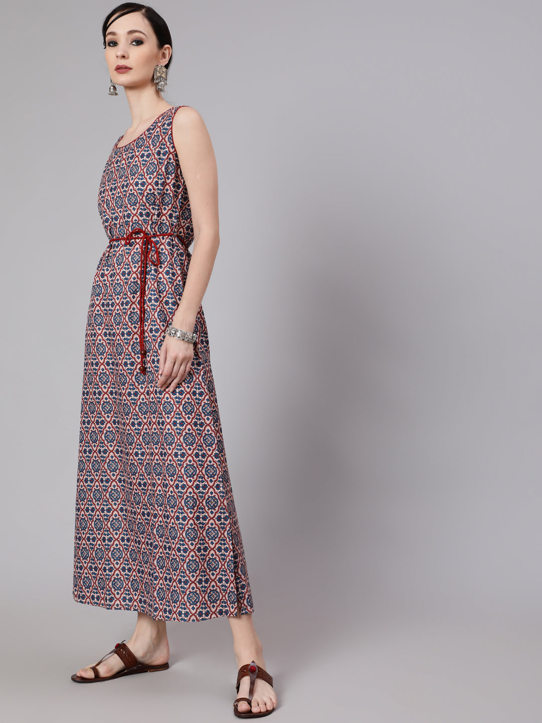 Blue Printed Side Slit Maxi Dress