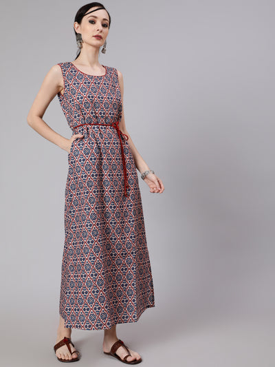 Blue Printed Side Slit Maxi Dress