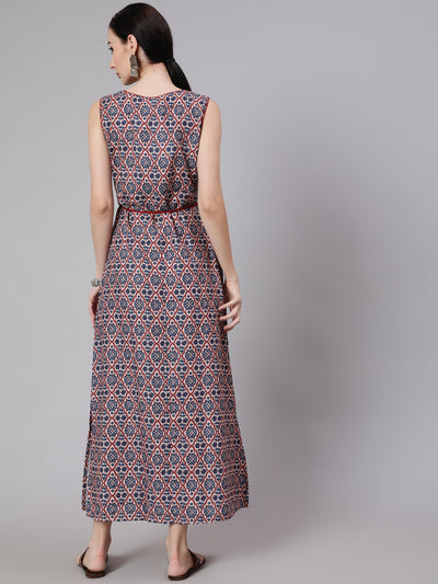 Blue Printed Side Slit Maxi Dress