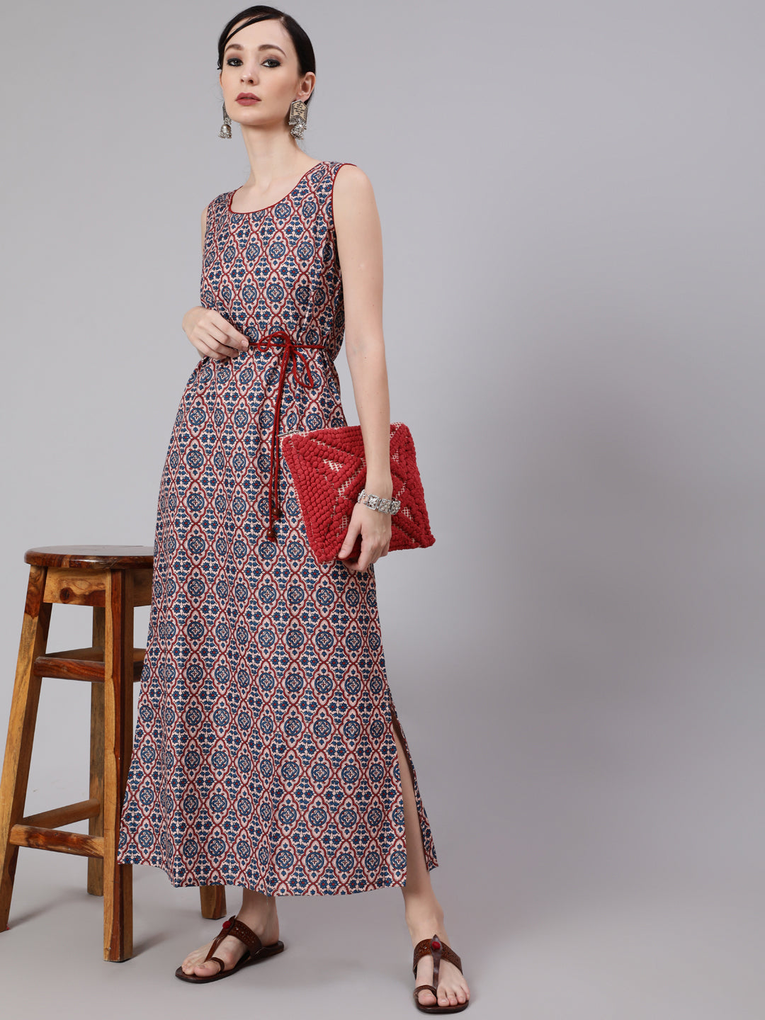 Blue Printed Side Slit Maxi Dress