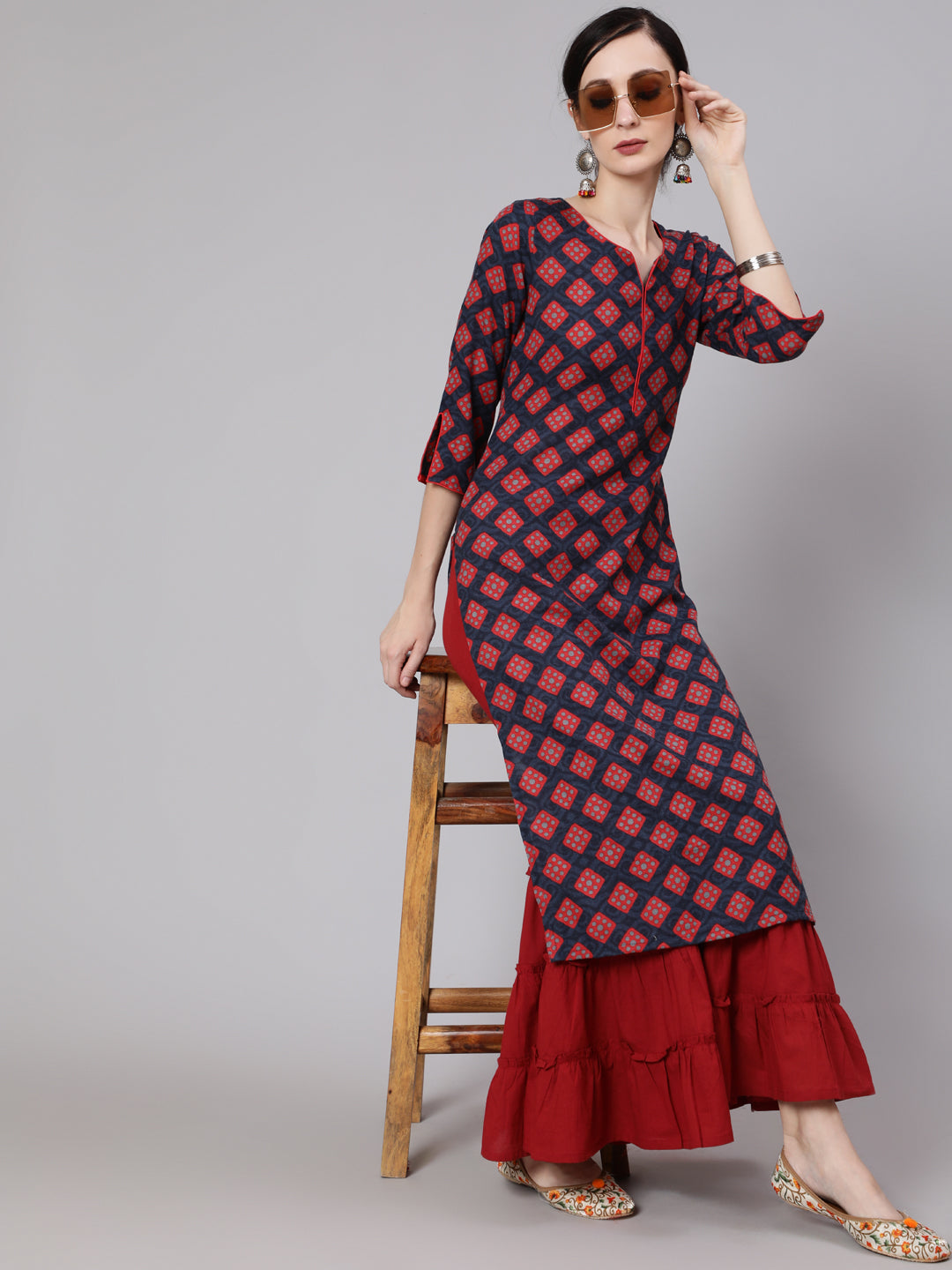 Maroon Printed Kurta