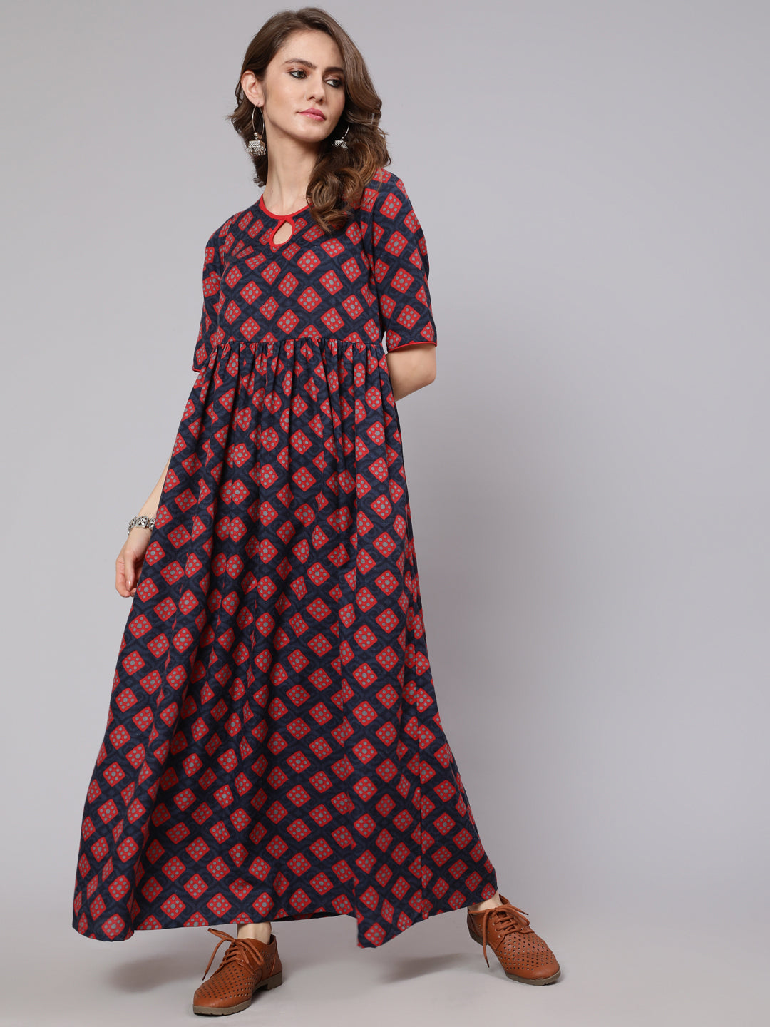 Maroon Checked Gathered Dress