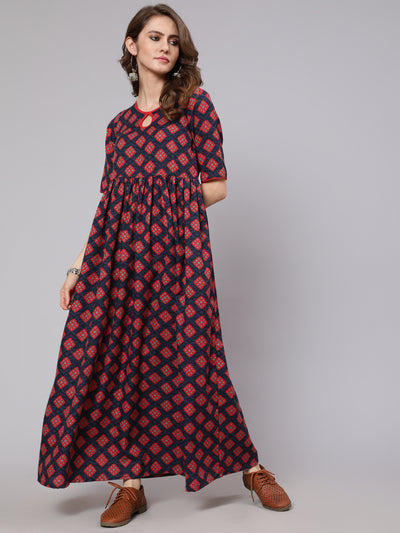Maroon Checked Gathered Dress