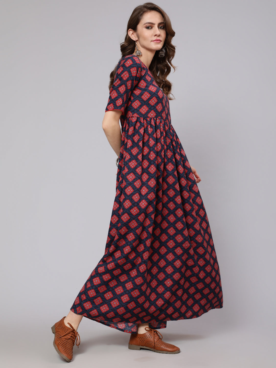 Maroon Checked Gathered Dress