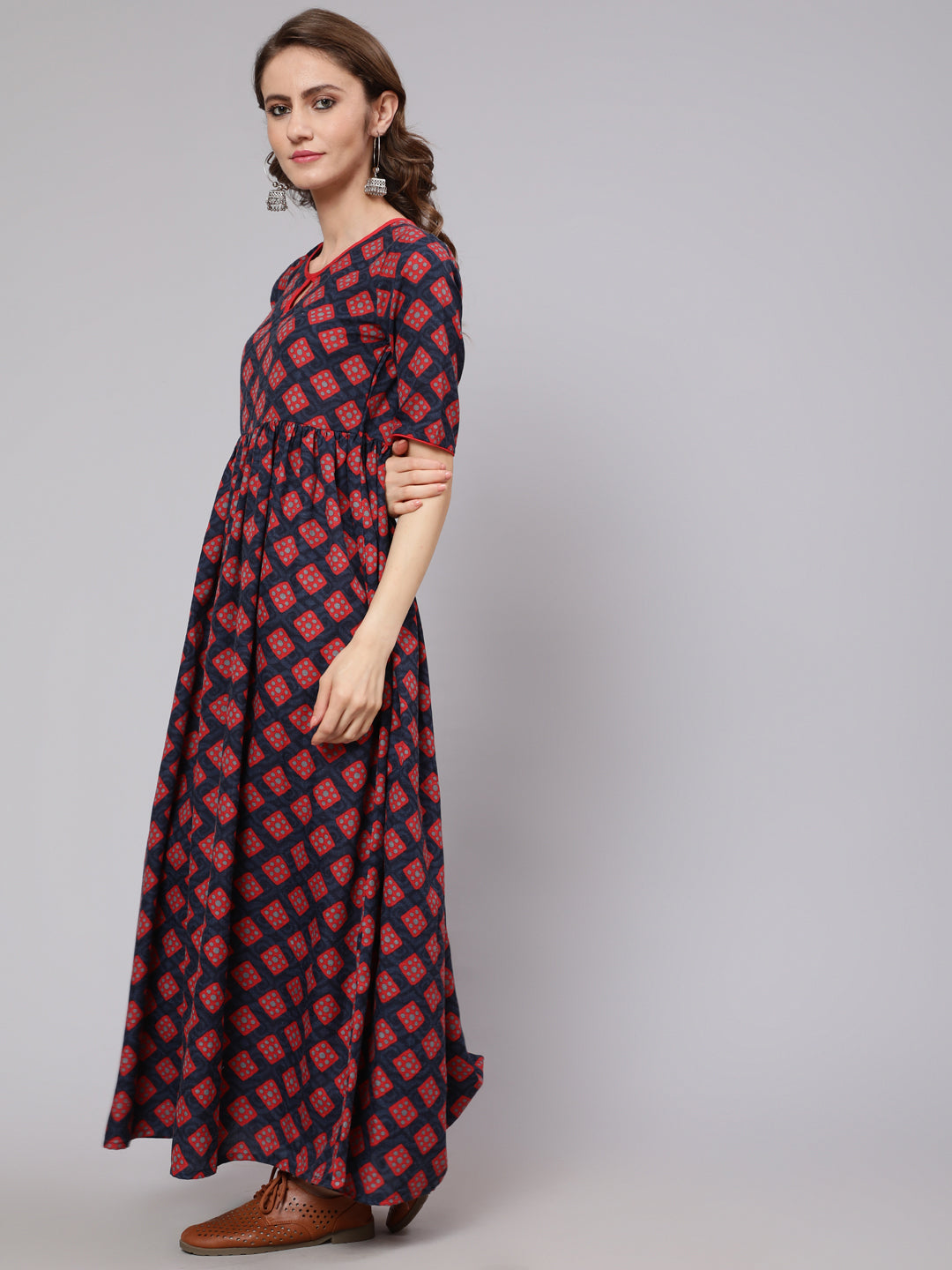 Maroon Checked Gathered Dress