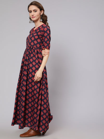 Maroon Checked Gathered Dress